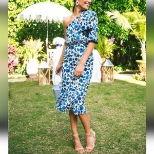 SALONI Juliet Forget Me Not Blue Floral Silk One-Sleeve Dress